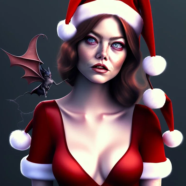 emma stone, sexy vampire witch female, fantasy, nip, breasts, bat wings, full body, santa hat