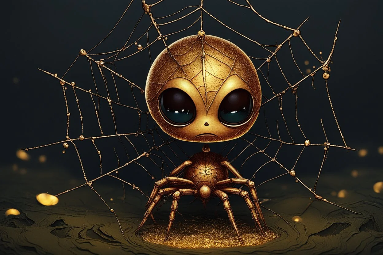 Cute chibi spider in heart shaped web, water drops and golden glitters in sunshine Weight:1 horror Gustave Doré Greg Rutkowski Weight:0.9