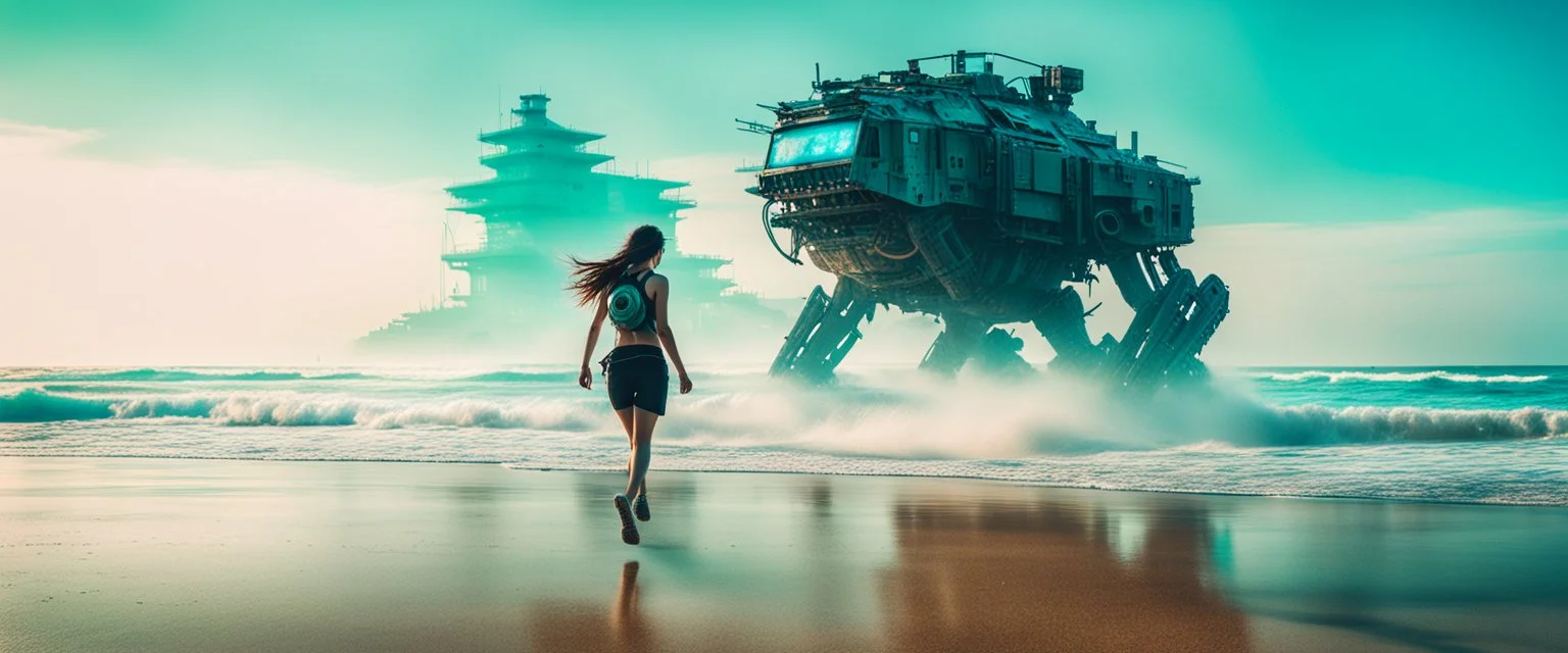 one young cyberpunk woman and one giant cyberpunk bio-mechanical coffee monster running along a polluted radioactive Japanese beach, pursuit dynamics, double exposure, analog photo and acrylic and ink, atmospheric tonalist style, hard thin edges, excellent parallels, great verticals, amazing reflections, perfect perpendiculars, wide horizon, tint leaks, bold colors of cyan, beige, baby blue, steel gray and deep black, weird dreams, great contrasts, wild juxtapositions