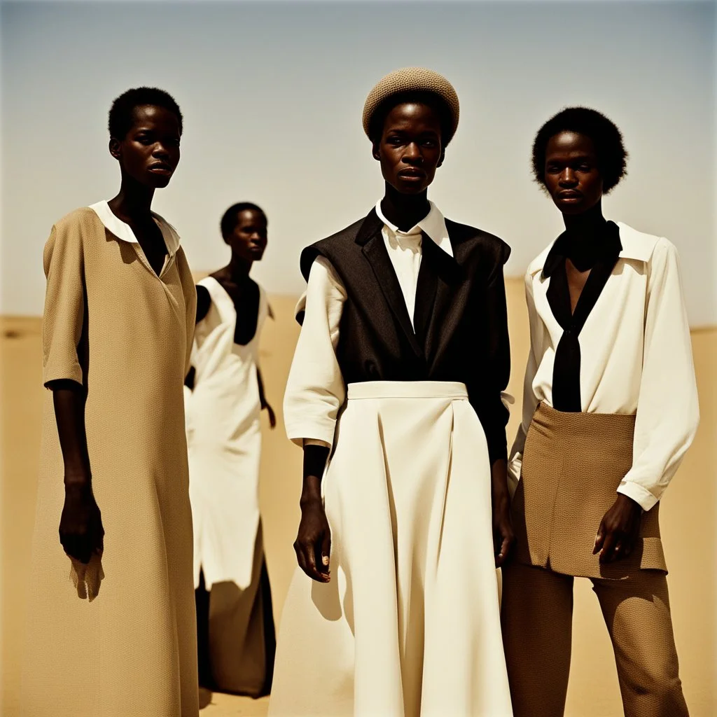 modern art ,In the style of William Klein, extremely thin and malnourished black African people wearing white collar dress in an arid desert landscape, color photography captured in the style of dslr camera. --ar 62:85 --v 6. 0