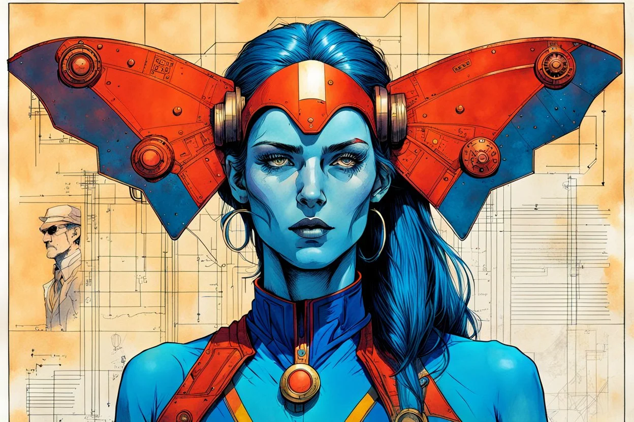 Hand drawn technical,full body portrait illustration , with detailed blueprints and engineering schematics of a walking Atlas moth insect girl, super heroine, in the comic book art style of BILL SIENKIEWICZ and JEAN GIRAUD MOEBIUS, with highly detailed facial features, drawings, and technical notation, 8k, vibrant natural colors