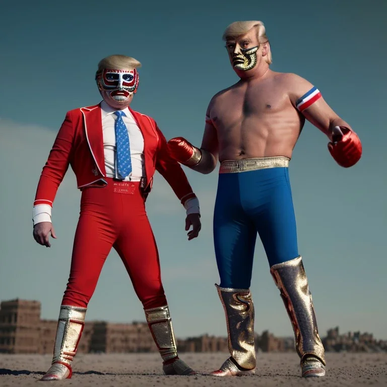 Realistic image of Donald trump wrestler, Mexican wrestling style, Mexican eyes wrestling mask, red and blue breeches, suspenders, retro style, 80s, vibrant color, highly detailed, sky background, concept art, unreal engine 5, god rays, ray tracing, RTX, lumen lighting, ultra detail, volumetric lighting, 3d, finely drawn, high definition, high resolution.