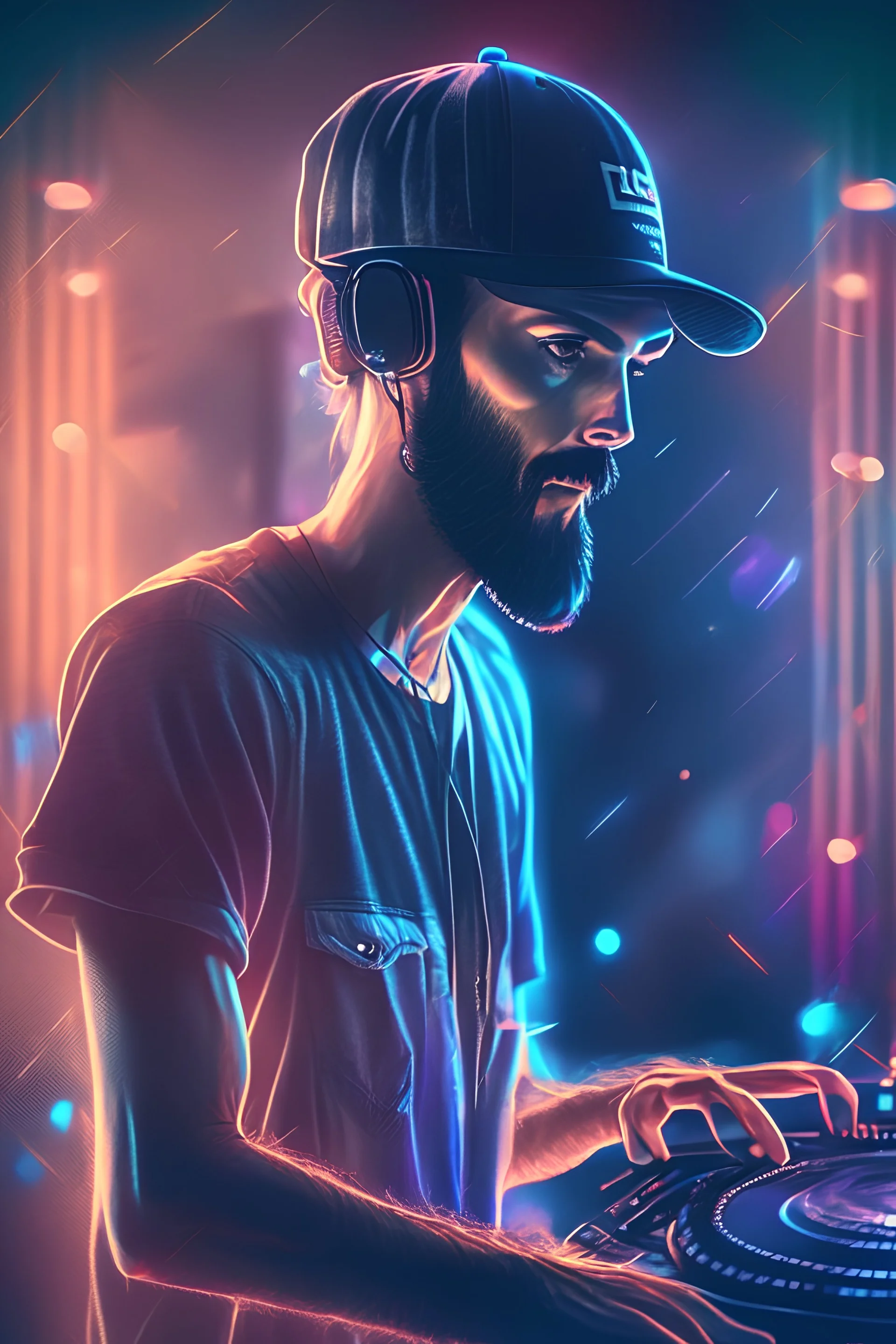 a tall skinny handsome guy in his mid 30s, with a short beard, baseball cap, dj, playing in the dj booth, loving music, lights, fun, digital art, 4k