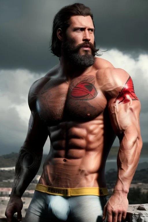 Ignore NSFW, teenager young rugged attractive slightly muscular fantastic handsome man, red briefs with yellow belt, hairy chest, (((visibly pisssing))) briefs, large erect visible boner peniss, photorealistic, artist Jay Anacleto, soft lighting, scruffy beard