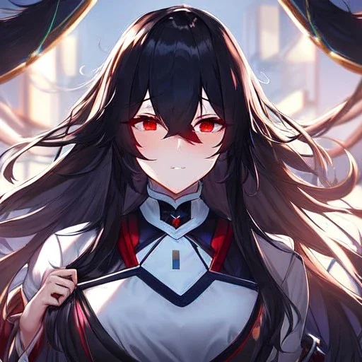 Clear focus,High resolution, black long fluffy hair, long fluffy bangs, red eyes, wearing a lab outfit, extreme close up, evil smile, front hair cover eyes