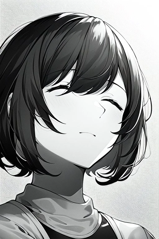 short hair girl, closed eyes, close-up, greyscale