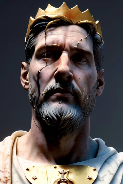 Ultra Realistic image, Roman sculpture, white marble material, Lionel Messi, gold crown of natural thorns, god crown, Renaissance style, sun rays background, waist up portrait, gold flecks, epic, celestial, cinematic lighting, God lights, 4k resolution, smooth details, soft lighting, unreal engine 5, art station, substance 3d.