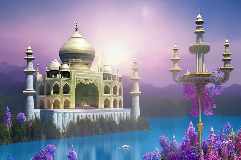 cascade,a magical crystal flower lys bougainvillier, blue gold taj mahal,blue lake,sun,white swanns,pink vertical, blue lake,sharp, vines, candlelit, endor, ornate, elegant, highly detailed, artstation, concept art, smooth, sharp focus, illustration, 8k, splash art, wallpaper, key visual