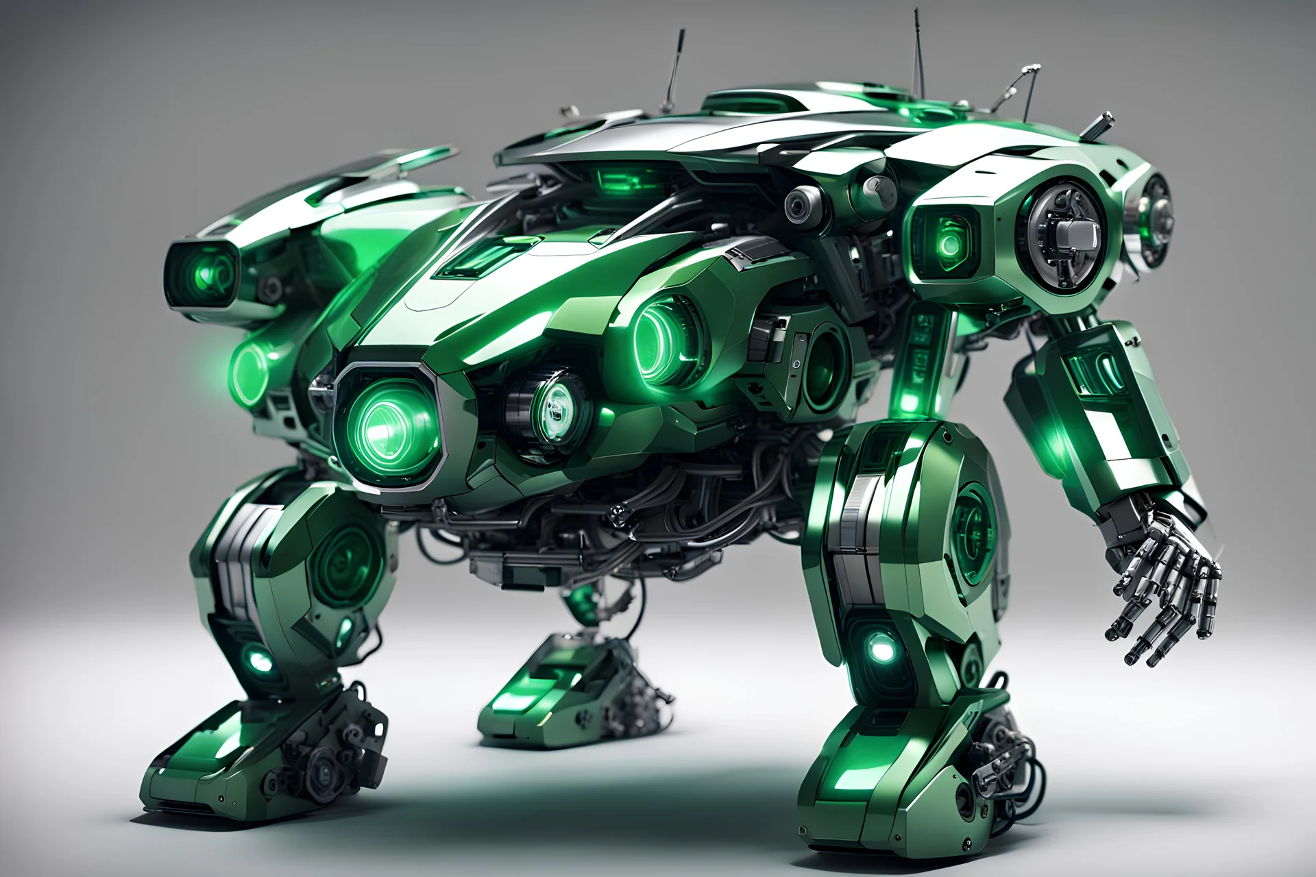 create a mix between a high technology car proptotype and a mecha robot, green, glossy metal, led lights, cables