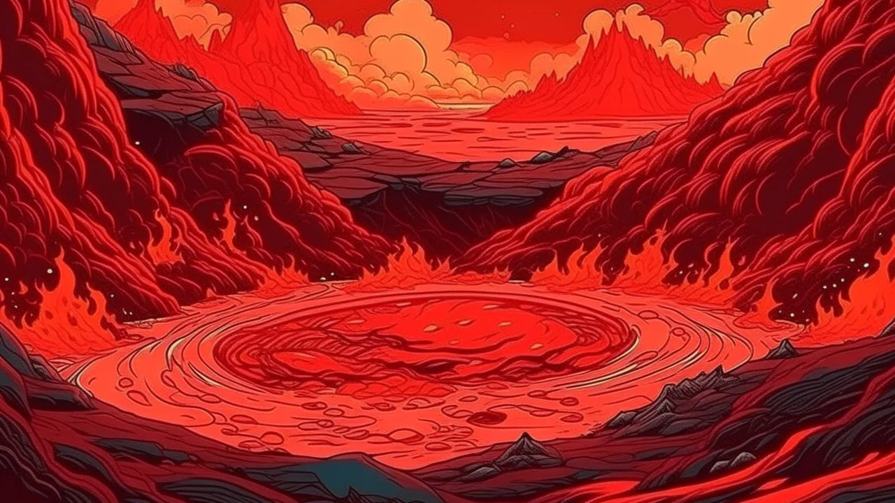 A dark red molten crater with fiery imps in Ukiyo-e art style