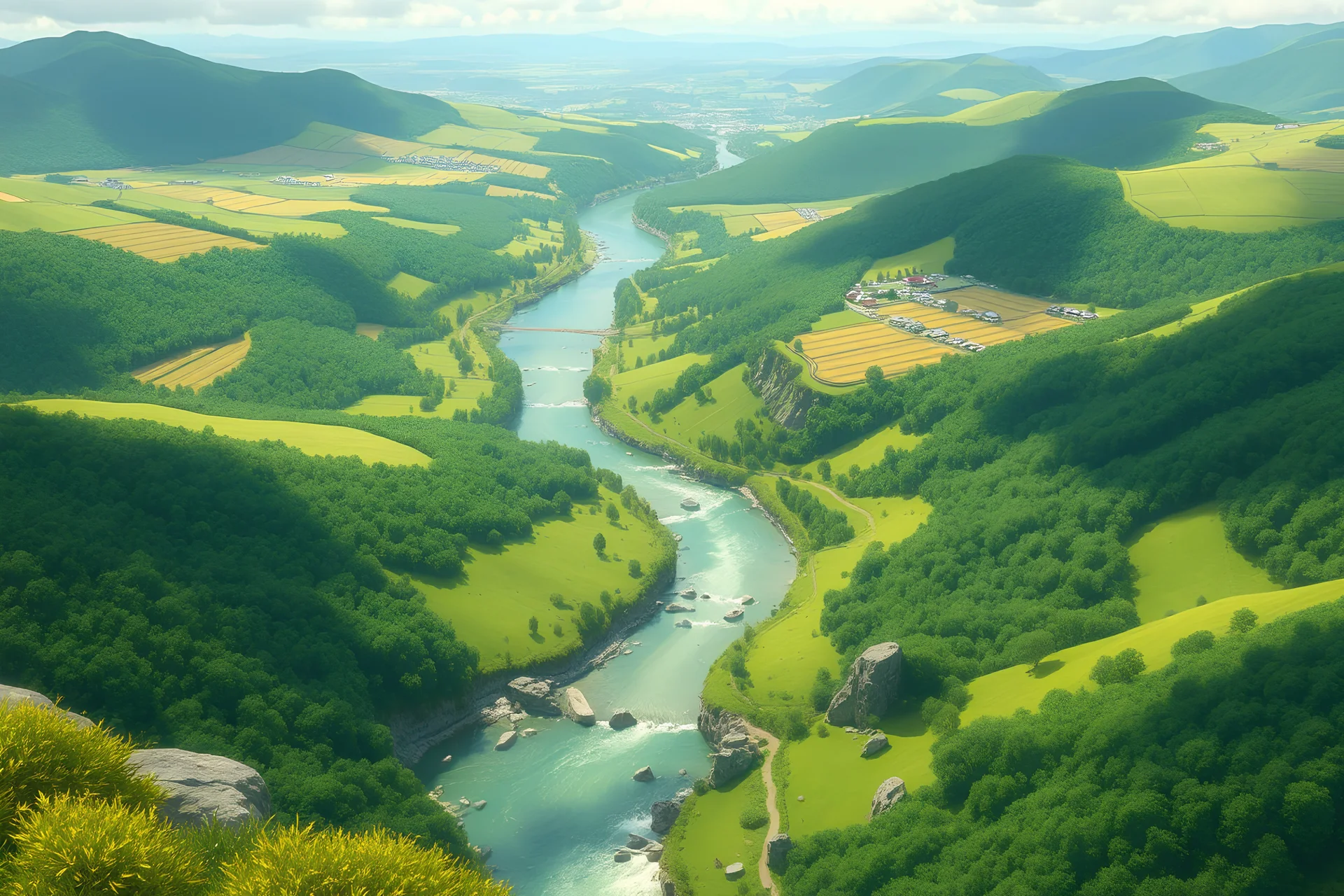 Create a lush, expansive landscape scene viewed from a high vantage point, inspired by the art style of Studio Ghibli. The image should feature a winding river cutting through rolling green hills and valleys, with patches of forest and farmland dotting the terrain. The river should have numerous rocks and boulders, some partially submerged, creating gentle rapids and adding texture to the water. The color palette should be vibrant and soft, with warm tones highlighting the earth and cool tones