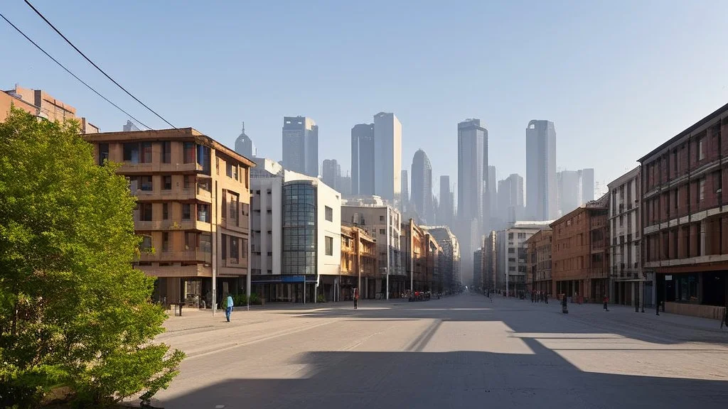 street with buildings of the same design on its sides and in the background with many windows, some open and others closed in some, the interior lighting allows you to guess the interior life