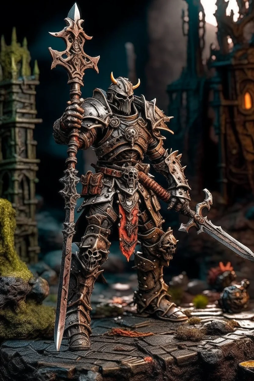 metal maden male chaos warrior of khorne in armor is holding a great sword in a ruined post-apocalyptic city, sci-fi, fantasy, horror, skulls on the ground, blood, Tornado, Roman, Empty chairs,Tangled roots,Key, Warped,Mangled,Ethereal, (Isolation:1.1), (Glaze:1.1), (Reflected light:1.2), Glass, Polygon, ultra detailed, intricate, oil on canvas, dry brush, (surrealism:1.1), (disturbing:1.1), trending on artstation, sharp focus, studio photo, intricate details, highly detailed, by greg rutkowski,