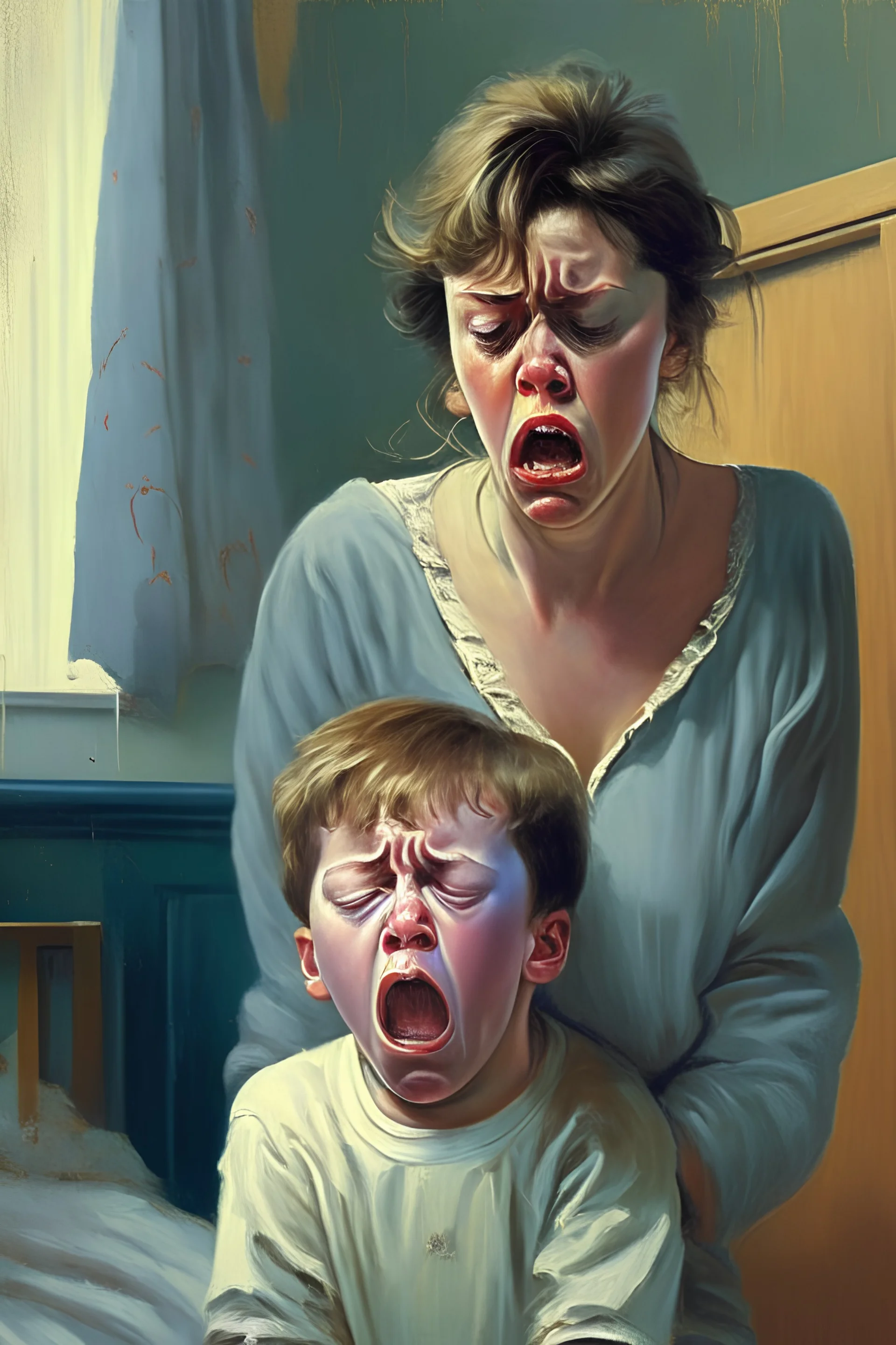 ارسم صورة طفل مشاغب يسمب تلناء و امه بجانبه في قمة الغيض