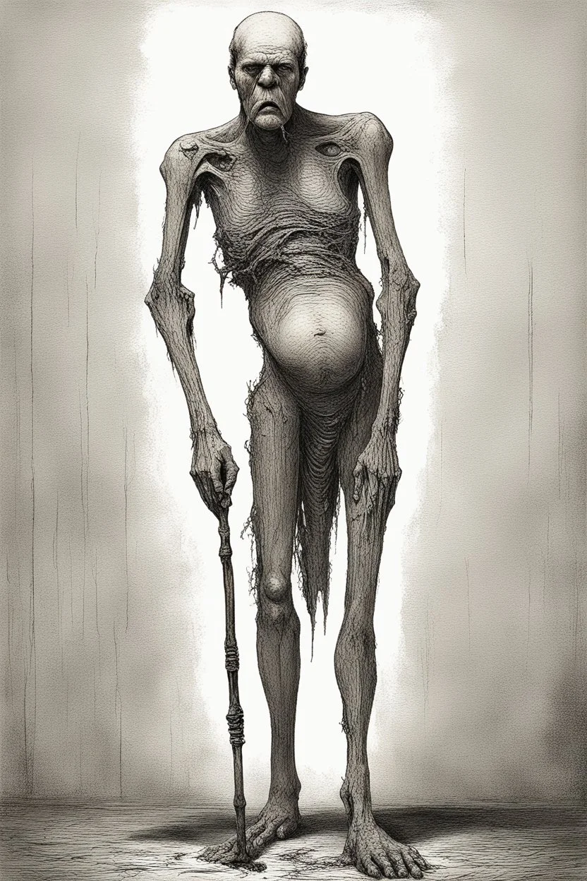 The full body of a very fat man holding a cane , decayed and rotting with grotesque proportions and imagery. surreal horror, biomechanical design, by hr giger and beksinski