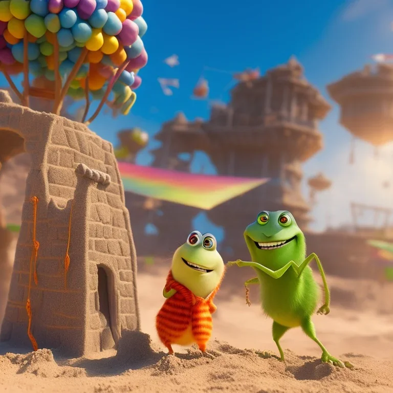 The hangman and the locust on the beach happily making sandcastles in the sun, art by Pixar and Dreamworks