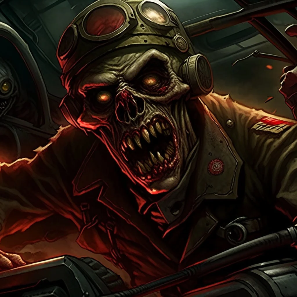 In the style of Heavy metal Magazine, close up of fantastical cursed Zombie World War I (WWI) flying ace with red glowing eyes in cockpit determinedly gripping the airplane yoke, Zombie Red Baron Dogfighter screaming, horror, intricately detailed, complex contrast, dynamic composition; cinematic lighting; meticulously composed concept art, masterpiece, cell-shaded, Zombiecore