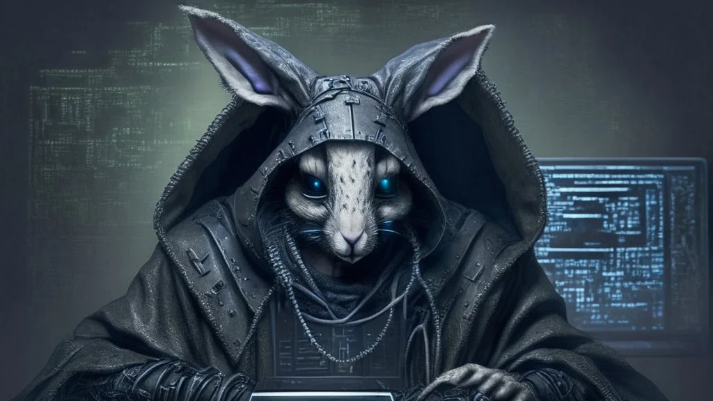 portrait of a gothic rabbit hacker humanoid gamer