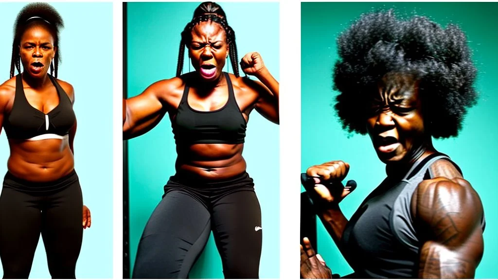 2 panels: one with an angry black lady screams on phone the other panel shows Tyrone using workout machine