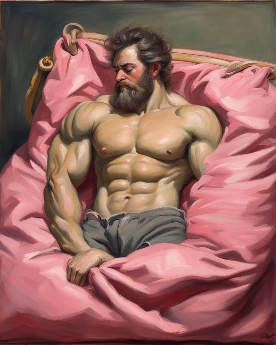 hairy muscle man sleeping in pink bag. 19th painting