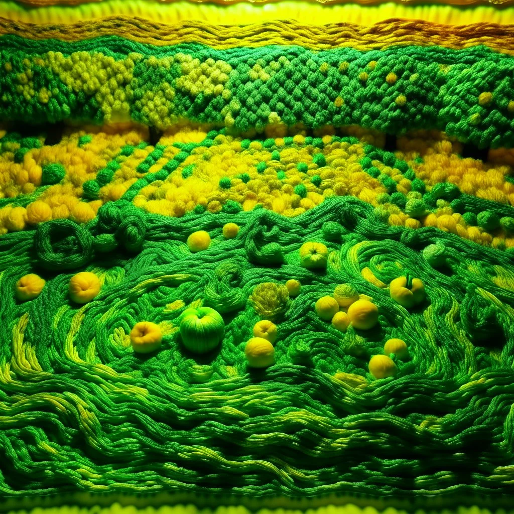 A green land made out of yarn with fruit painted by Vincent van Gogh