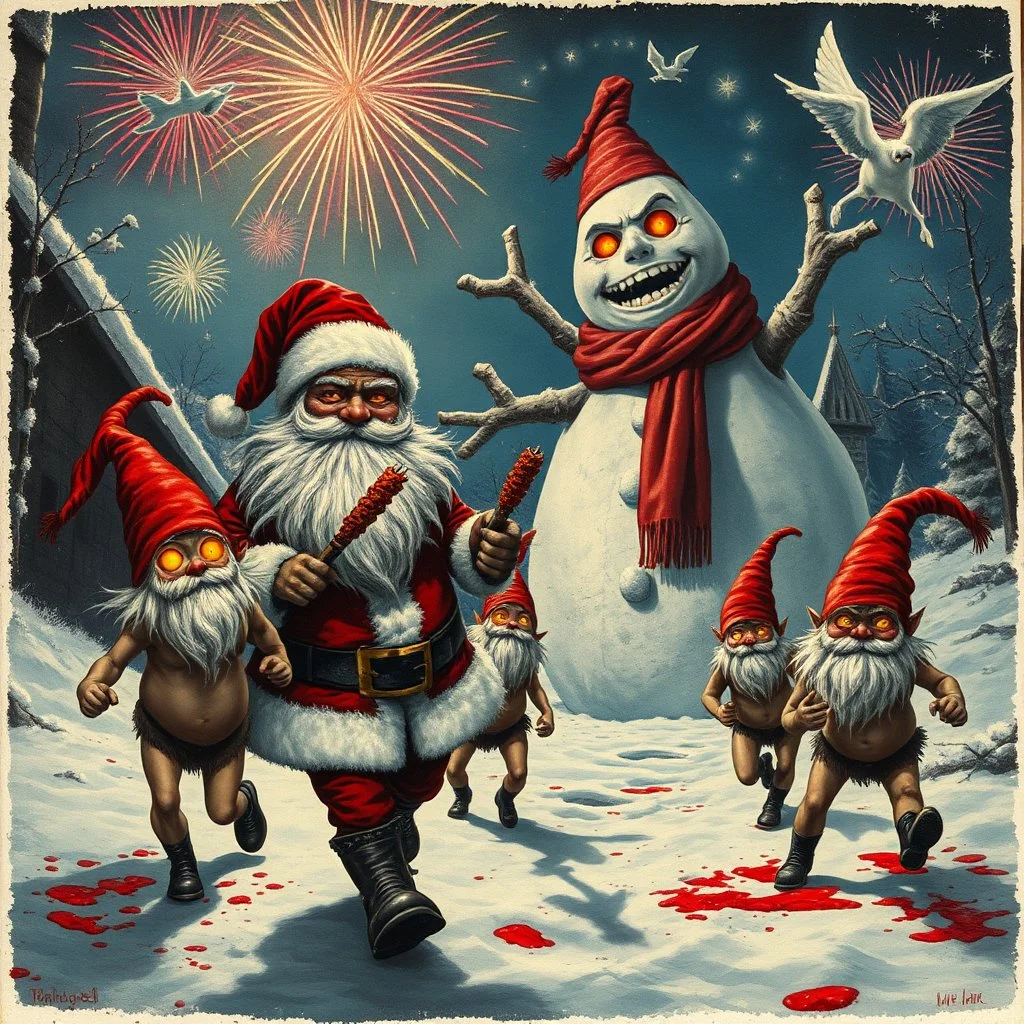 there is no kebabs at christmas, evil Santa, evil naked gnomes running around, staring flaming eyes, evil naked Rudolf, very big evil melting angry Frosty the snowman in background, 1940 christmas postcard, blood stains, Flying angels, fireworks, Tim burton style