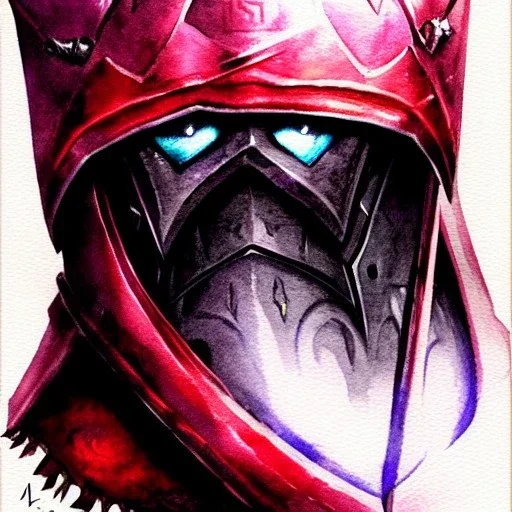 dungeons and dragons, fantasy, dwarf, dark priest, full plate armour, ironclad, dark silvery metal, dark red glow, watercolour, large strokes, distinct face, portrait, head