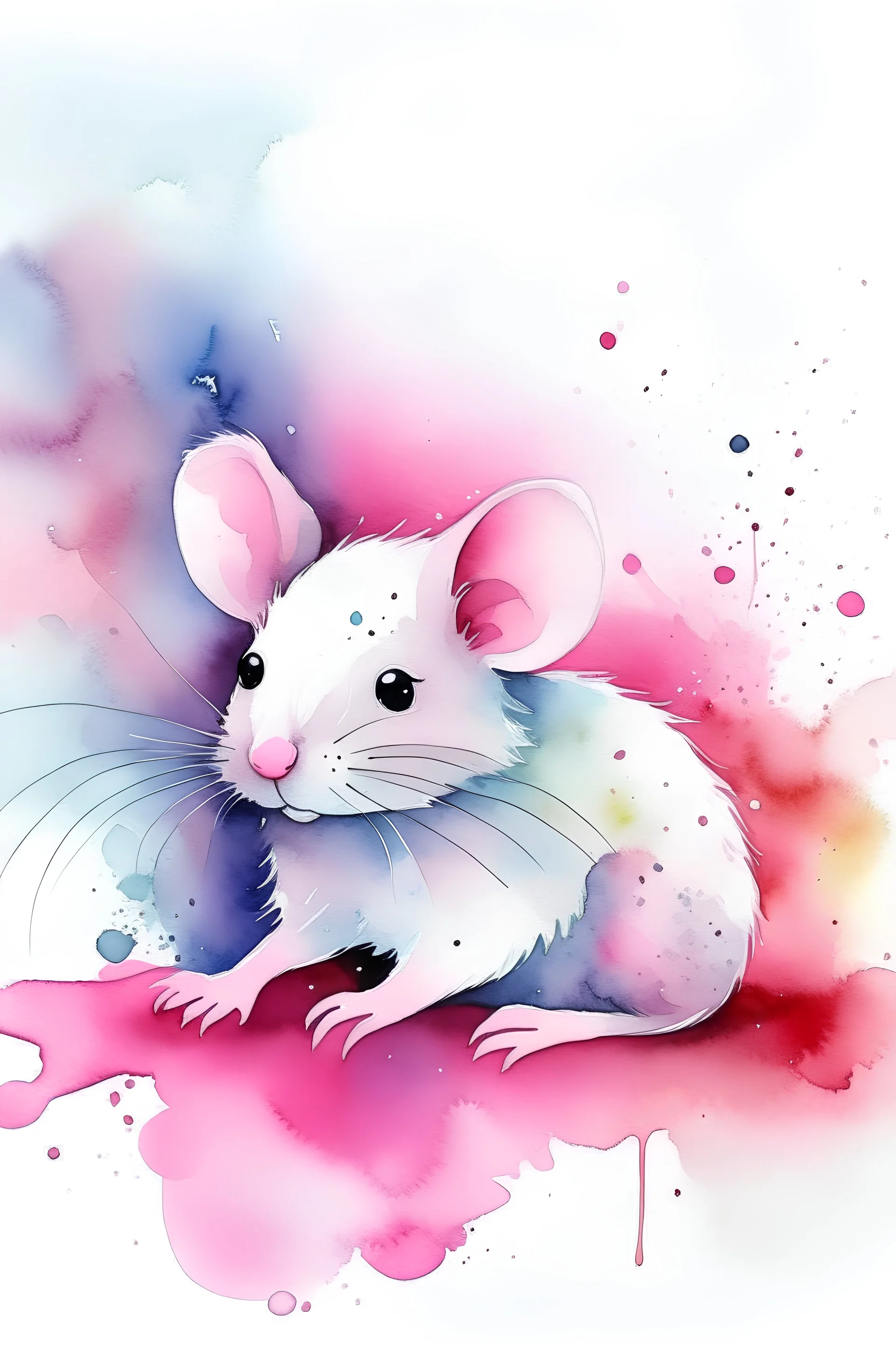 A pink sparkling wash of watercolor, with a cute mouse