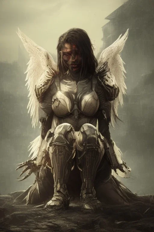 Fallen angel character crouching, yellow eyes, dark hair, dark armor, waist up portrait, Demonic tail, hyperrealistic, intricate details, insanely detailed, cityscape background, natural lighting, black wings