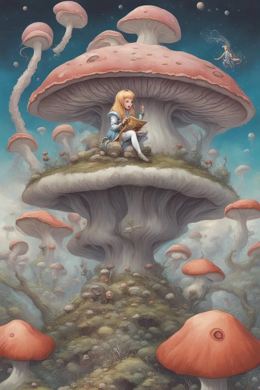 Alice in Wonderland, in a space suit, sitting on a huge mushroom with tentacles hanging down, in an alien landscape