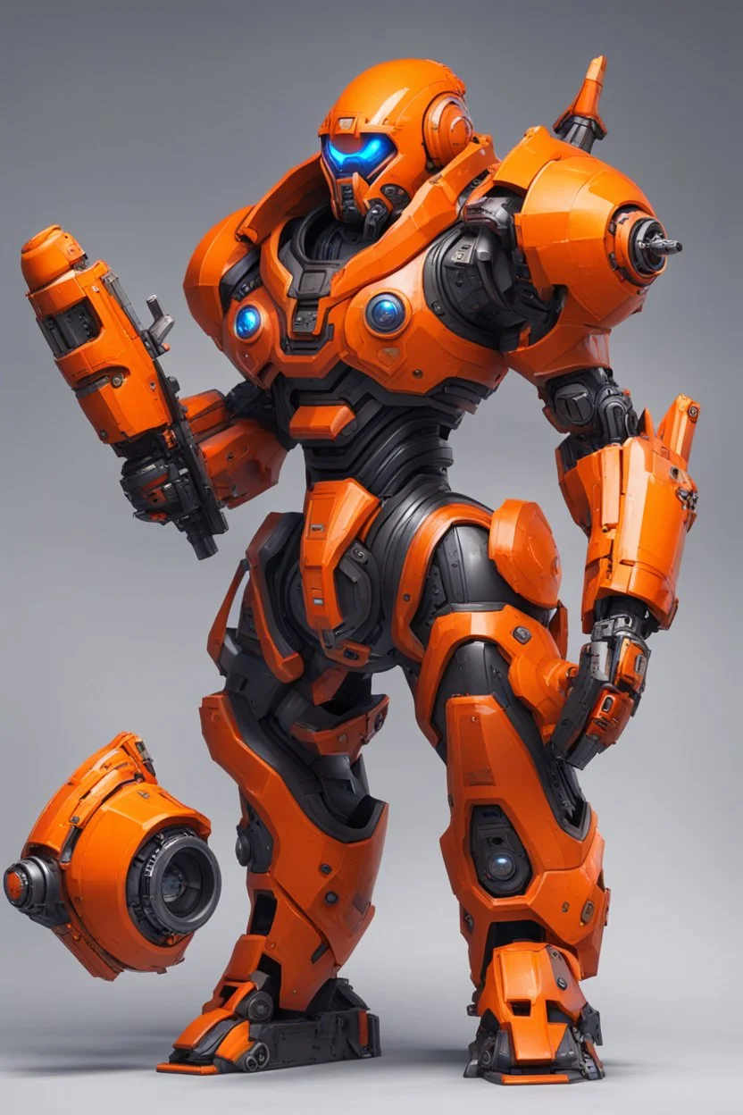 orange futuristic juggernaut with dual plasma battle axe and 4 plasma canon in the back