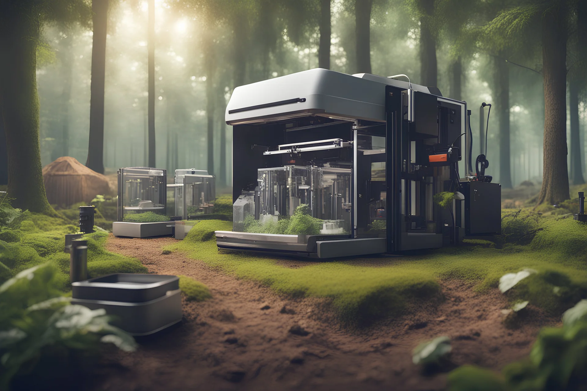 3D printers farm in the forest