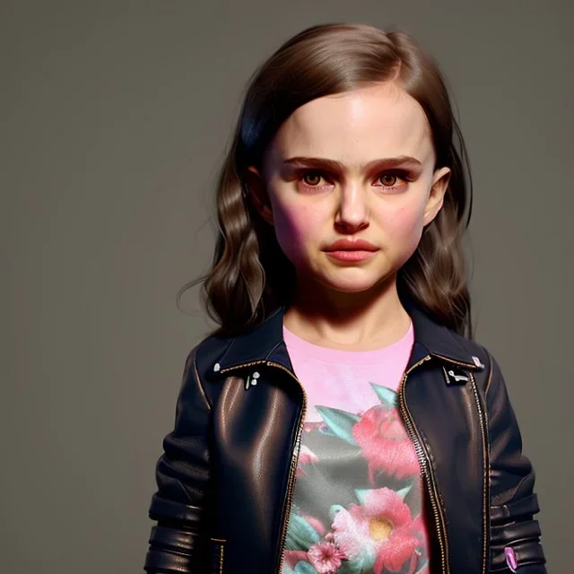 Natalie portman toddler, full body, leather jacket, floral shirt, floral skirt, shoe, soft skin, dramatic lighting, hyper realistic