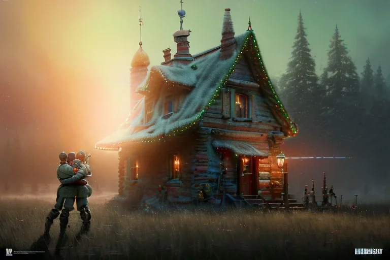 "A ucrain soldier and Russian soldier hug each other in Christmas house" 8k resolution concept art by Greg Rutkowski dynamic lighting hyperdetailed intricately detailed Splash art trending on Artstation triadic colors Unreal Engine 5 volumetric lighting Alphonse Mucha WLOP Jordan Grimmer orange and teal"