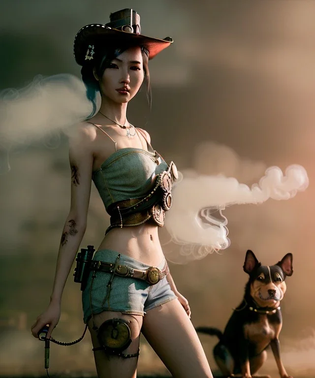 Ultra realistic, steampunk western party scene. Geisha Asian woman with dog man, waist up view, smoke, happy, color fog, people background, highly detailed, concept art, unreal engine 5, god rays, ray tracing, RTX, lumen lighting, ultra detail, volumetric lighting, 3d, finely drawn, high definition, high resolution.