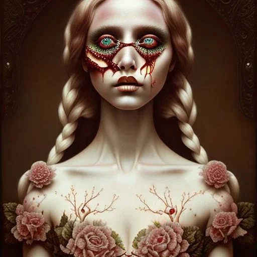 singer Danish MØ face, style surrealism by <Mark Ryden>, blood, hair guts, darkred tones,