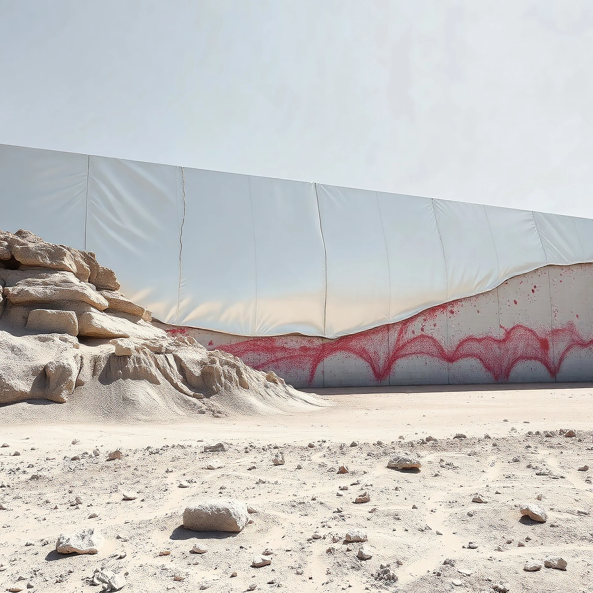 Photograph, hills, bright reflective aluminum cover, brutalist, rags, daylight, parete rocciosa appoggiata a muro di cemento bianco, brutalist, red spots, liquid, open air museum style, corde, apparecchi elettronici, powder, minimalist, details of the dust very accentuated, deep 3d field