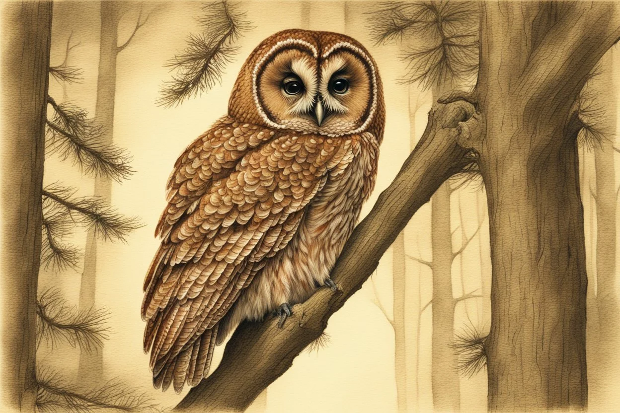 Brown Tawny Owl, pine tree, forest, autumn, dark night highly detailed intricate intricate details high definition crisp quality beautiful lighting pencil sketch watercolor dramatic lighting Deep shadows Warm colors warm light