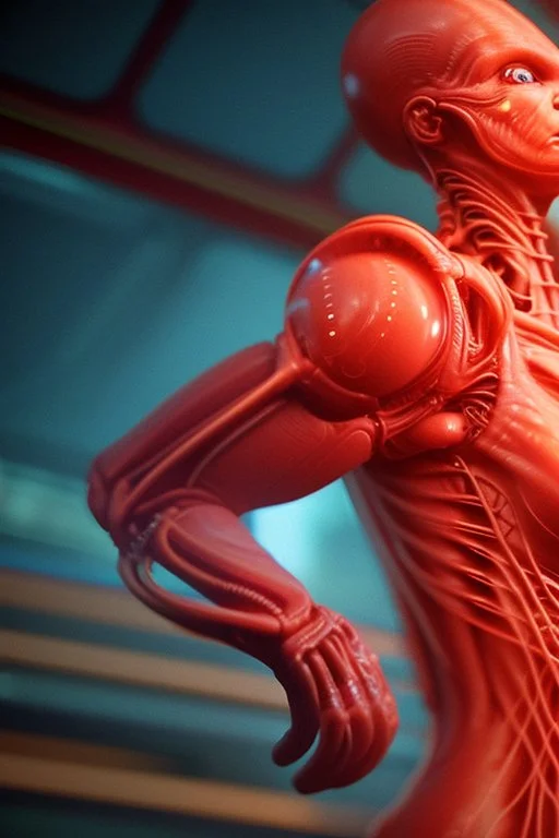 Alien red flesh,Detailed and Intricate, Cinematic, Dynamic Lighting, dramatic lighting, electrical details, high details, 4k, 8k, best, accurate, cyberpunk futuristic neon, interacting with a holographic interface of alien artifacts, electrical case display, Terminator tech, ultrarealistic, dramatic lighting, electrical details, high details, 4k, 8k, best, accurate, trending on artstation,