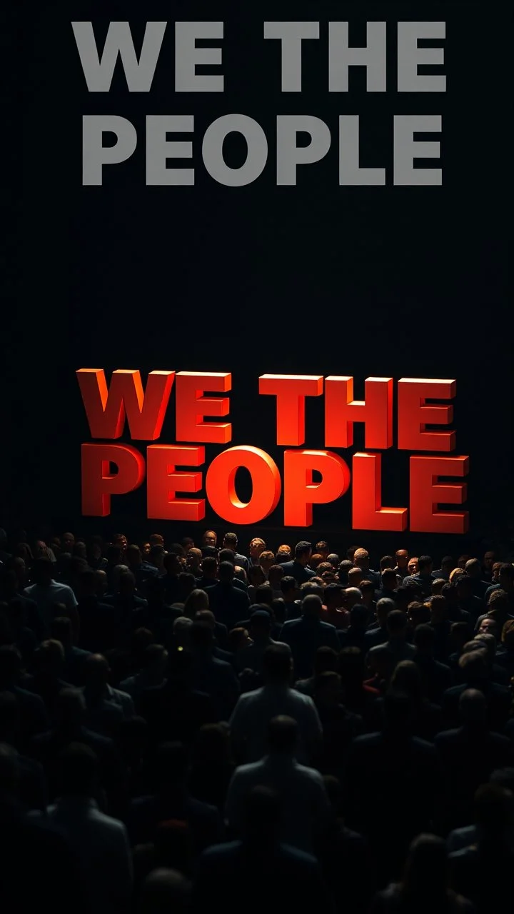 A field of random people in a dark lighting , at the top of the picture a big text for the words “WE THE PEOPLE “ with a huge American flag in 3D