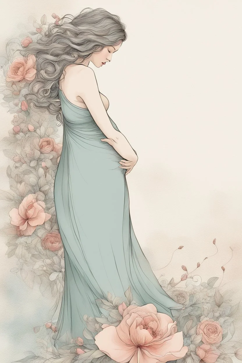 A digital painting, strong textures, dynamic ink lines, washed ink, nuanced colors, vignette, illustration of a pregnant woman lovingly looking at her belly while caressing it, wearing a flowy dress, flowers, whimsical, enchanting illustration