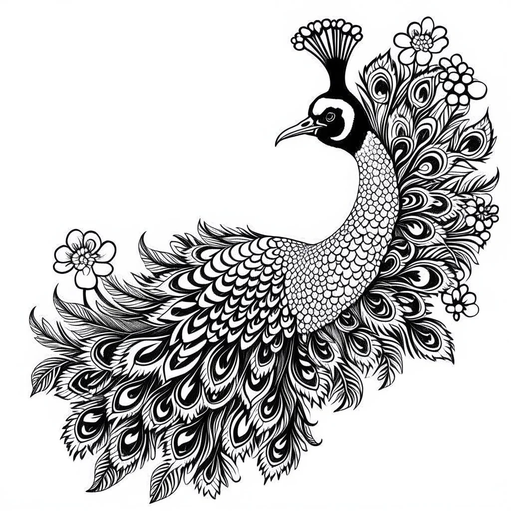 white, A peacock white flower decoration, line art, white background, outline, with images neatly contained within the background, just black and white color, full body, no color. Looking front , front view, 8k