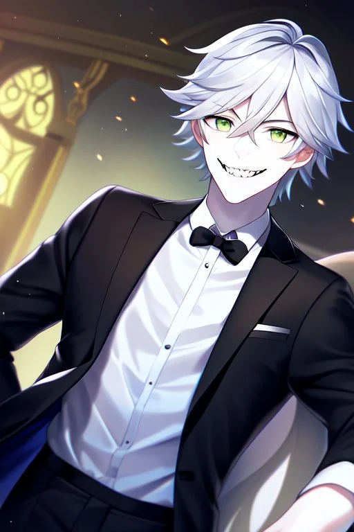 plauge doctor in balck leather coat and suit with silver hair, pale skin and bright green eyes smiling with sharp teeth, nice young face, male, viscious smile, face close look