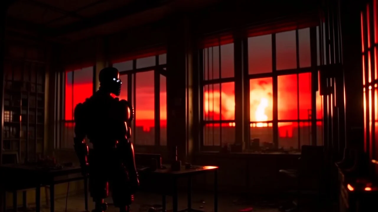 4K, ultra detail, ombres et reflets maximum, full realism. Terminator fighting with the devil on a radio station. A nuclear explosion can be seen outside the window. Fire in the room