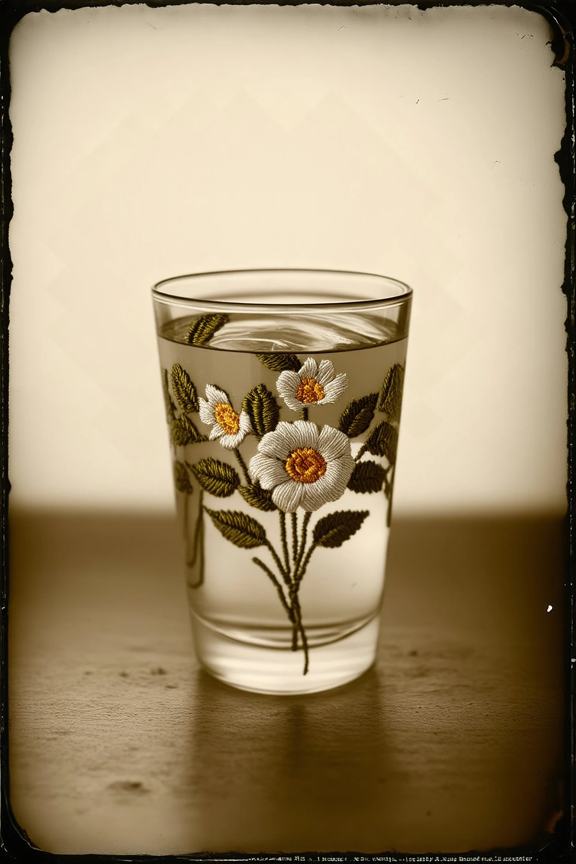 Verre d'eau avec des fleurs brodees, , tintype