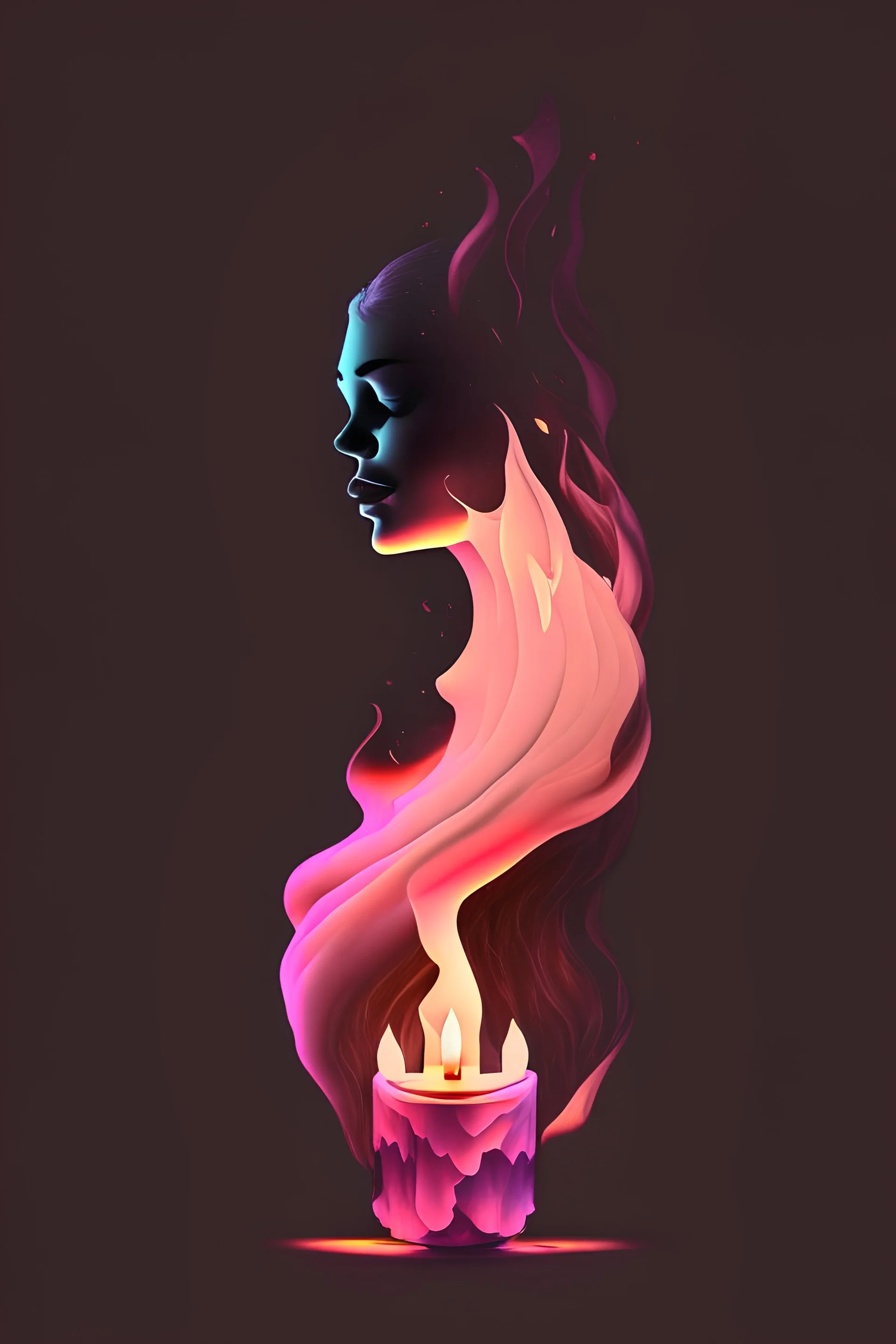 Professional logo in 3 main colors only - 8k A long burning candle with melted wax at the edges, from which smoke of a pinkish color emerges, in the shape of a girl, giving you a sense of relaxation and comfort."