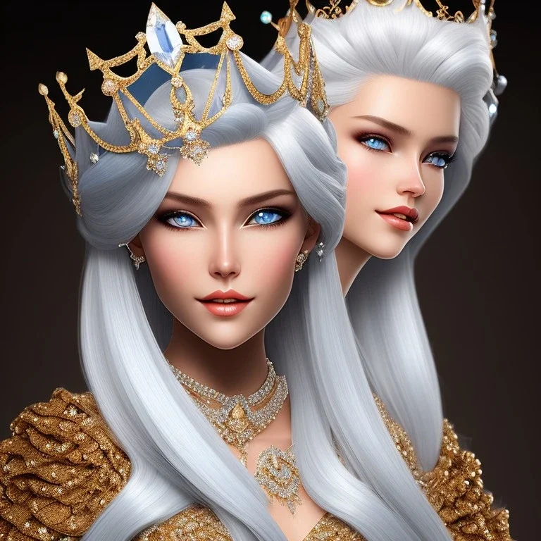 Ice Princess with white hair smilling, a crown with precious stones, bright background