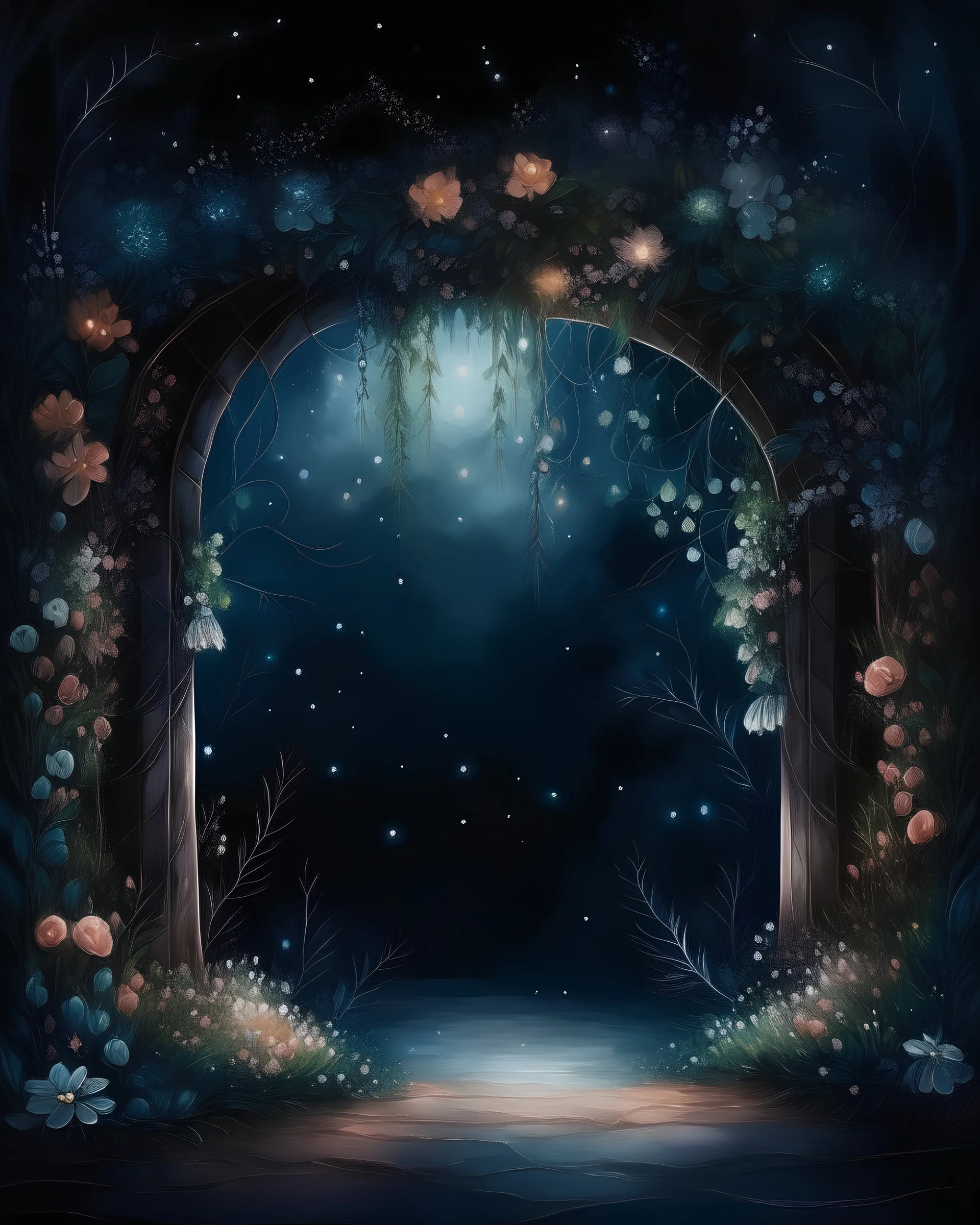 a night wedding background with floral arch and fairy lights painting