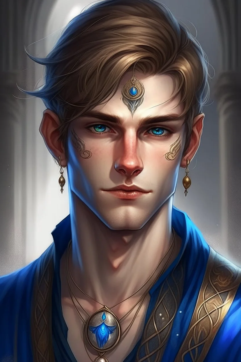 a wealthy half-elf young man with pointy ears and blue eyes, wears lots of jewelry, kind face