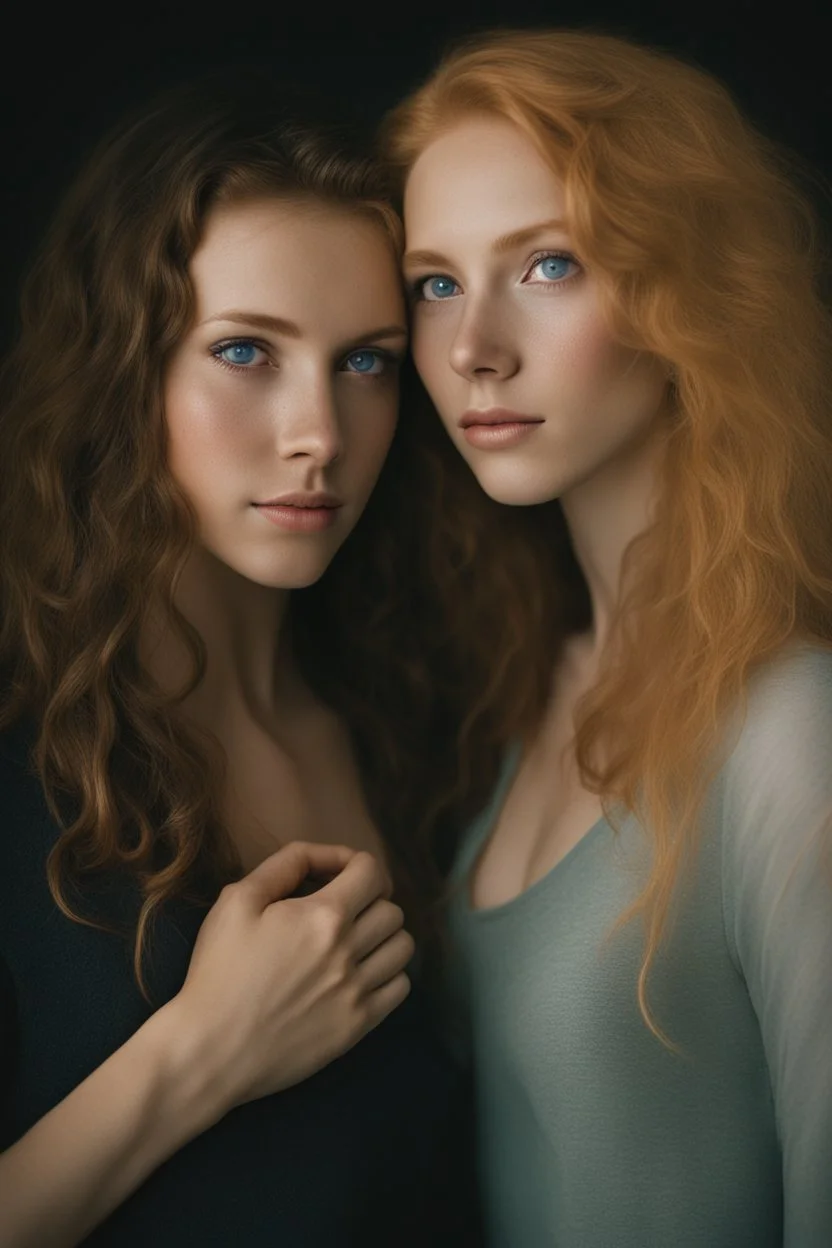 Create a portrait of two very different young women. Standing pose. One is slim and high with blond hair and blue eyes, and the second one is chubby and small with ginger hair and green eyes. Women look into eyes each other. Photo taken by a Mamiya M645 camera with a portrait lens on classic medium-format film